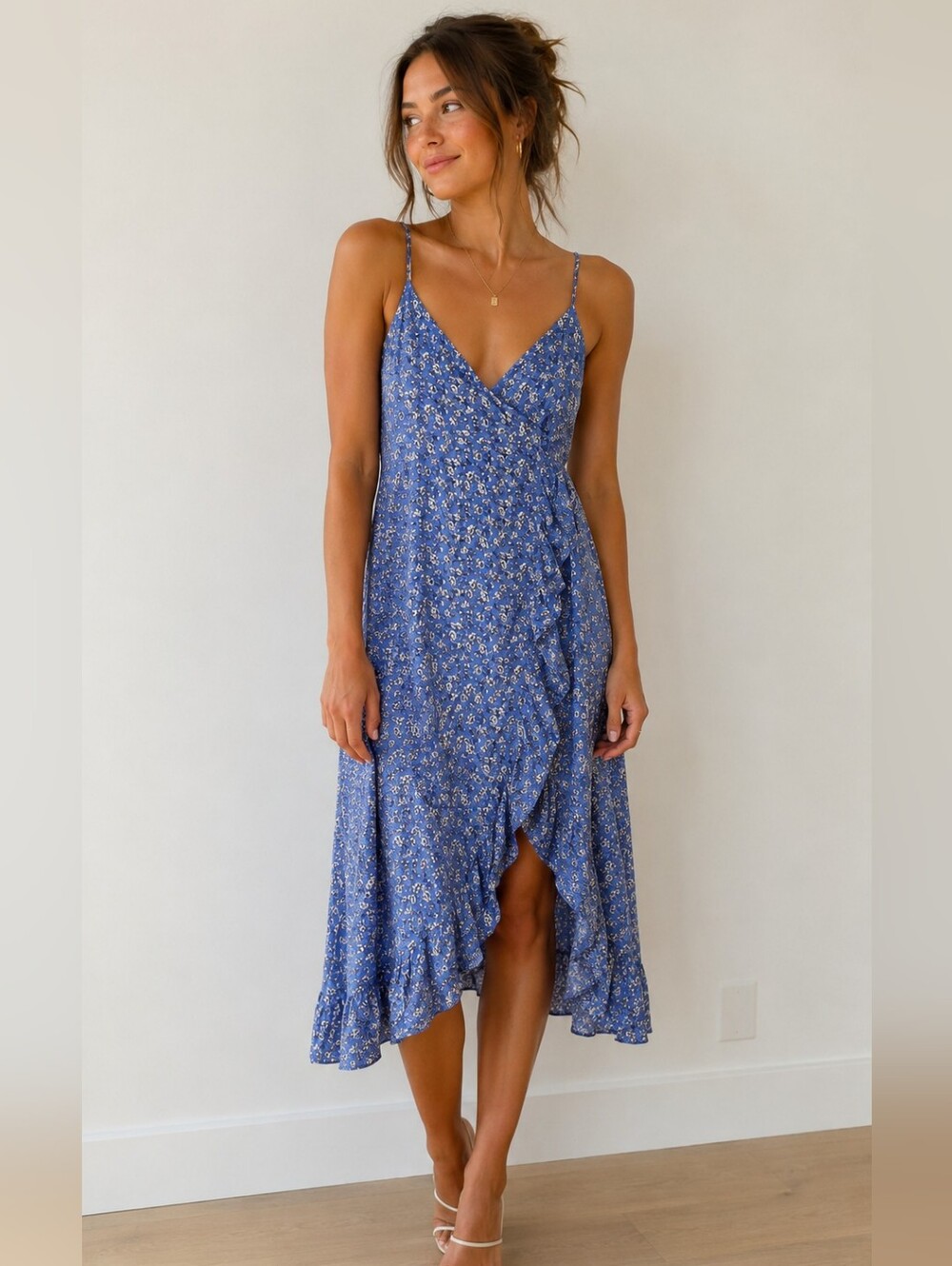 Floral Wrap Summer Blue White Dress Womans Small